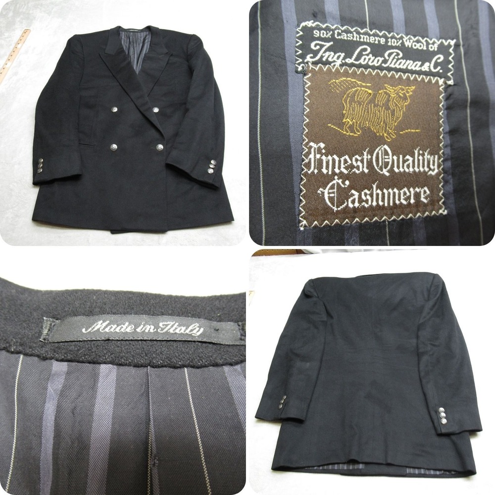 Loro Piana Blazer Men 46R Blk Nervesa Double Breast Cashmere Wool‎ Silver Button